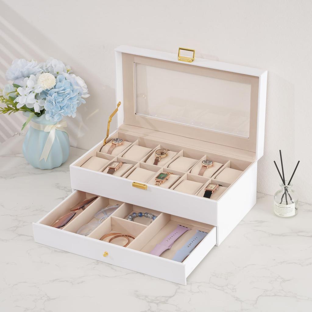 ProCase Boîte de Présentation Montres 12 Emplacements avec Boîte Montre avec Verre 2 Couches Support Organisateur de Rangement Bijoux Boîte Homme, Tiroir, Couvercle Homme,