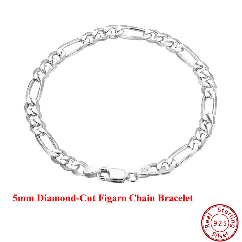 EFFIE QUEEN 925 Sterling Silver Diamond Cut Classic Figaro Hollow Out Chain Bracelet For Women Men Dainty Fine Jewelry SB108