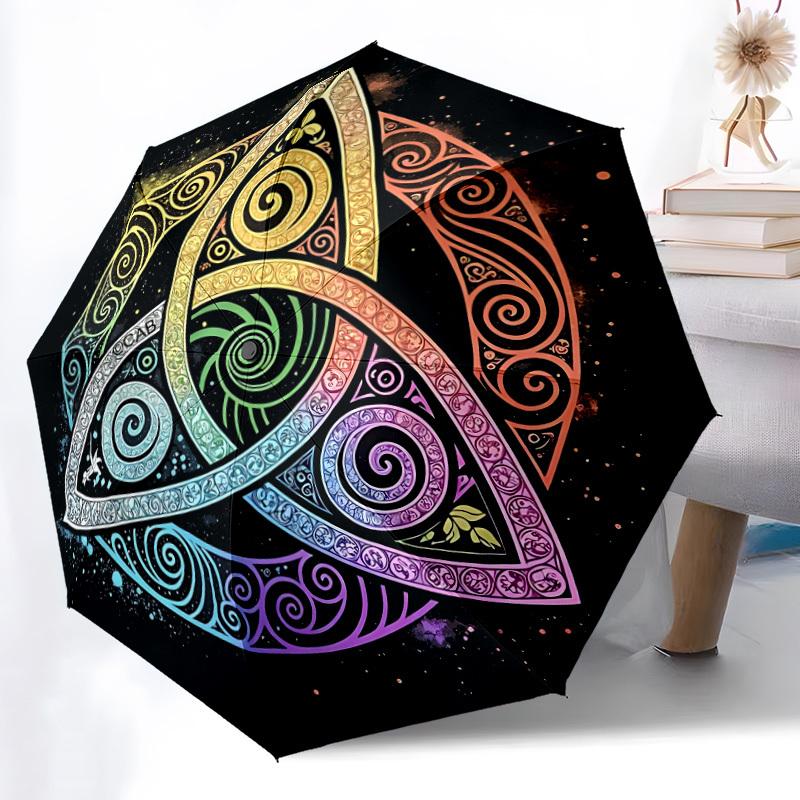 

1pc Triquetra Cosmic Automatic Open/Close Folding Umbrella - 8-Rib Sturdy Compact Travel Umbrella with Vibrant Swirl Design, L Iron&8K