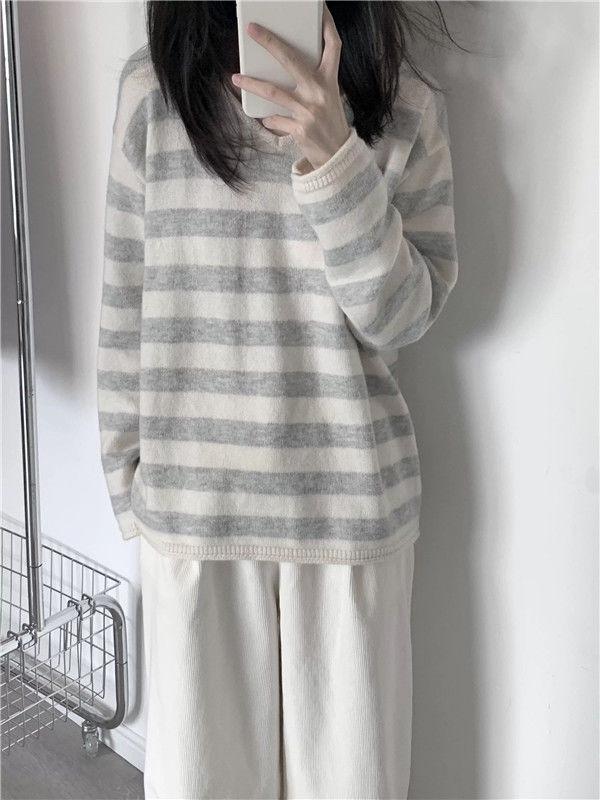 Women's Korean Color Block V-Neck Striped Sweater - Autumn/Winter 2025 Loose Knitted Pullover