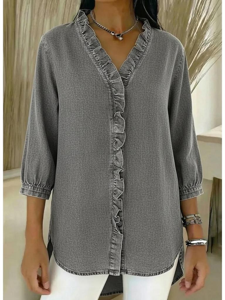 2026 Spring Women's Casual Faux Denim Ruffle V-neck Shirt