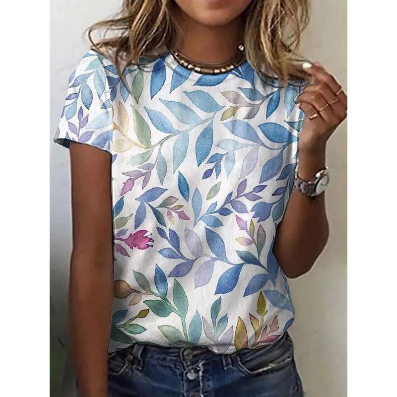 Summer Round Neck 3D Flower Print Top Fashionable Casual Short Sleeved Women's T-shirts