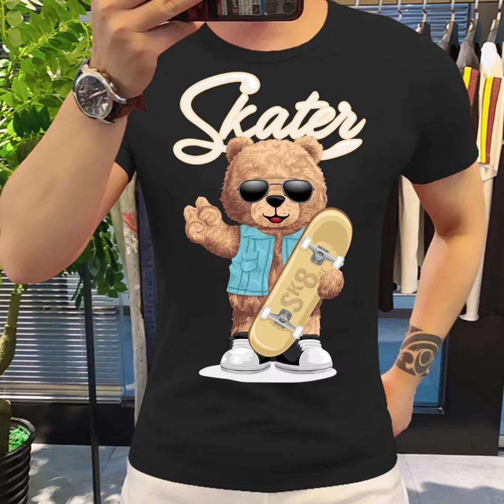 Motorcycling Bear Funny Cute Top Camisetas Black Ladies Tshirts Aesthetics Graphic White Short Sleeve 100%Cotton Man's T-shirt