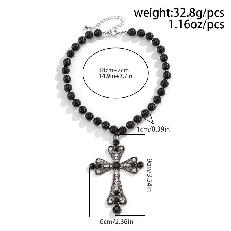 Meier Punk Style Cross Necklace - Dark, Statement-making, Micro-paved Faux Pearl Layered Necklace