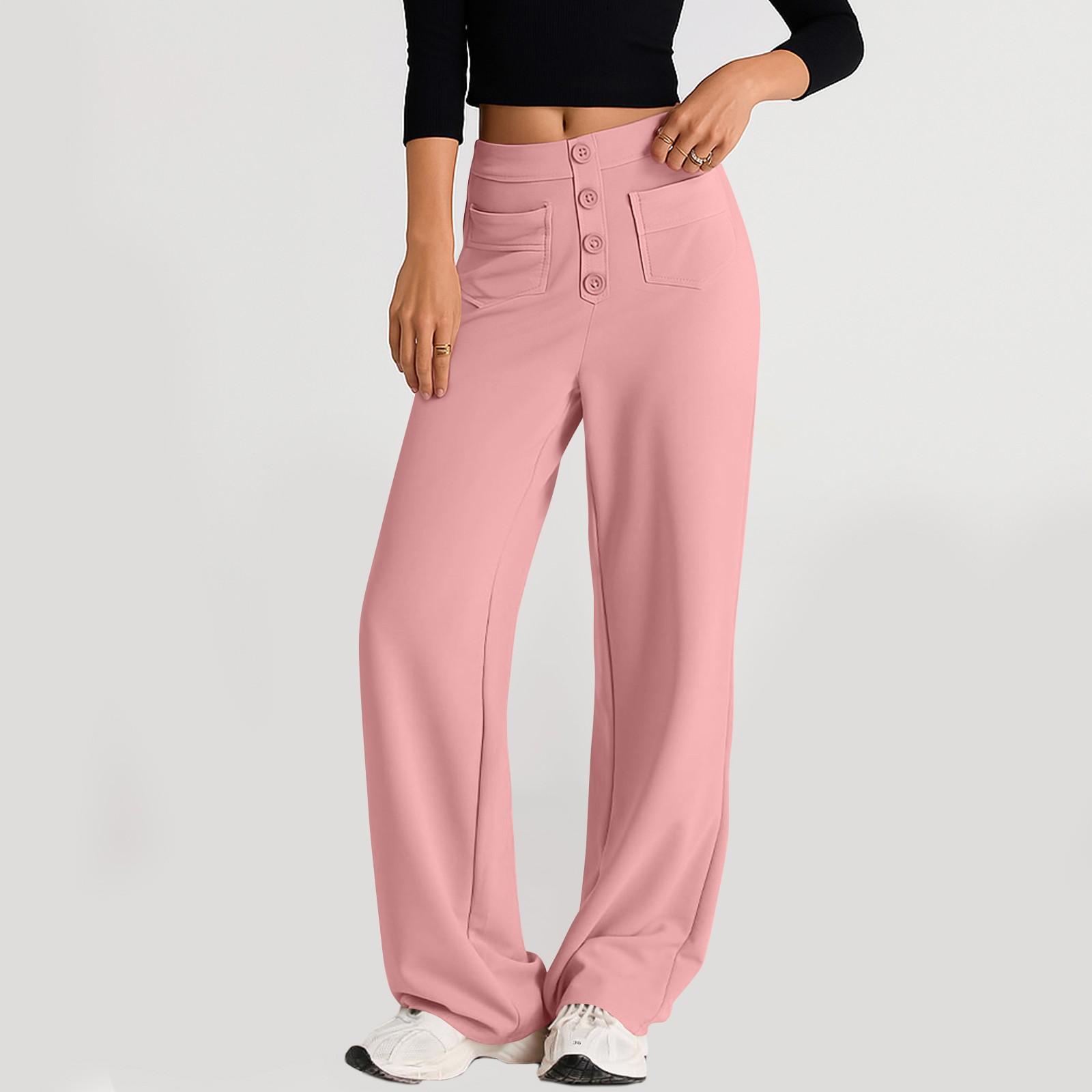 

Women s Fashionable Color Straight Leg Pants With High Waist Button Pockets And Elastic Waist Casual Pants S рожевий