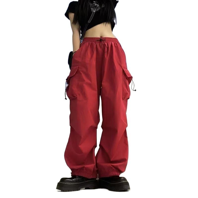 Women Cargo Pants Hip Hop Baggy Solid Color Multi Pockets Elastic Waist Match Top Loose Breathable Lady Trousers