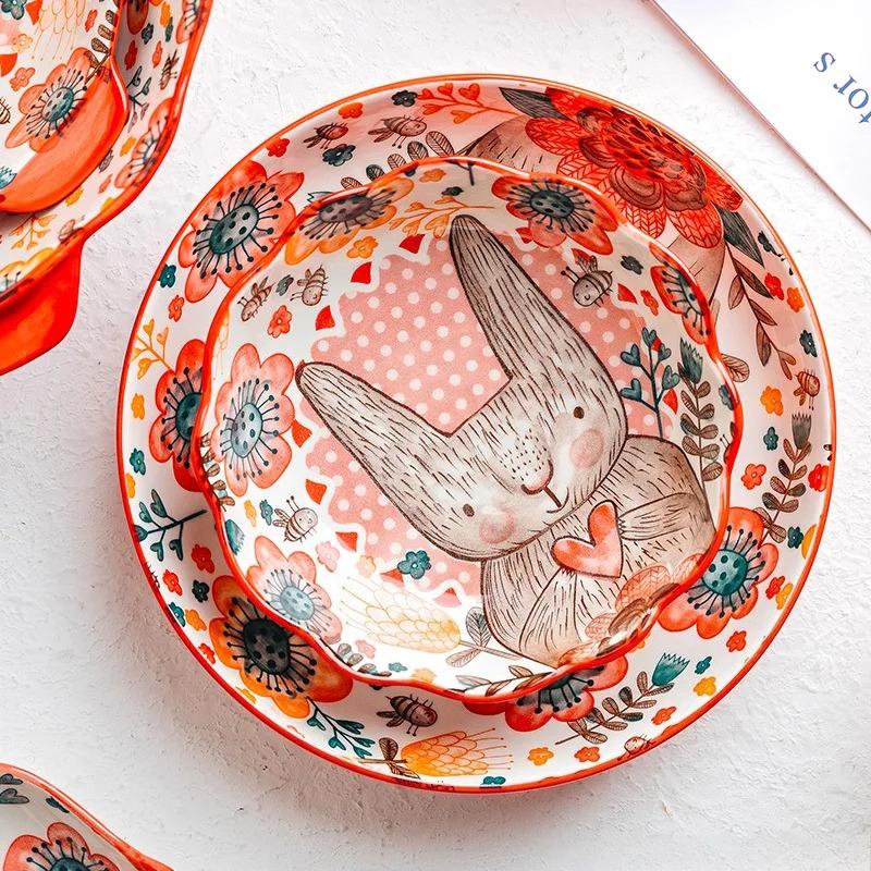 1pc Hand-painted Cute Rabbit and Plate Underglaze Ceramic Household Soup Commercial Noodle Bowl Tableware