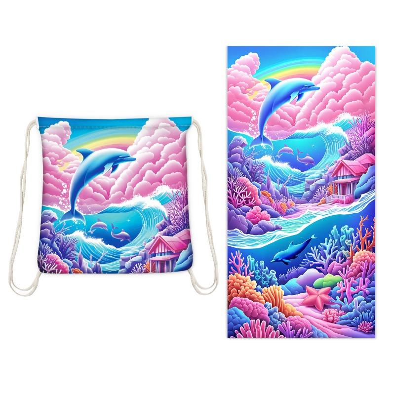 2-in-1 Foldable Beach Towel Backpack,Camping, Yoga and Travel, Absorbent Printed Bath Towel with Built-in Storage, Convertible Beach Mat Carry Bag,1pc