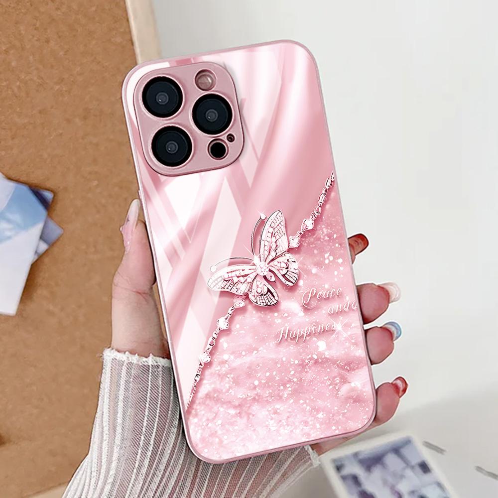 Tempered Glass Phone Case For iPhone 17 Pro Max 11 15 13 14 12 16 Pro Max 17 Air 16E SE 2022 7 8 Plus XR Elegant Butterfly Cover