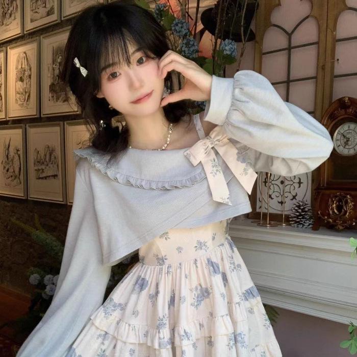 

Комплект расклешенного платья с принтом японских роз - Милый трикотажный комплект из двух частей с открытыми плечами на бретелях-спагетти Small