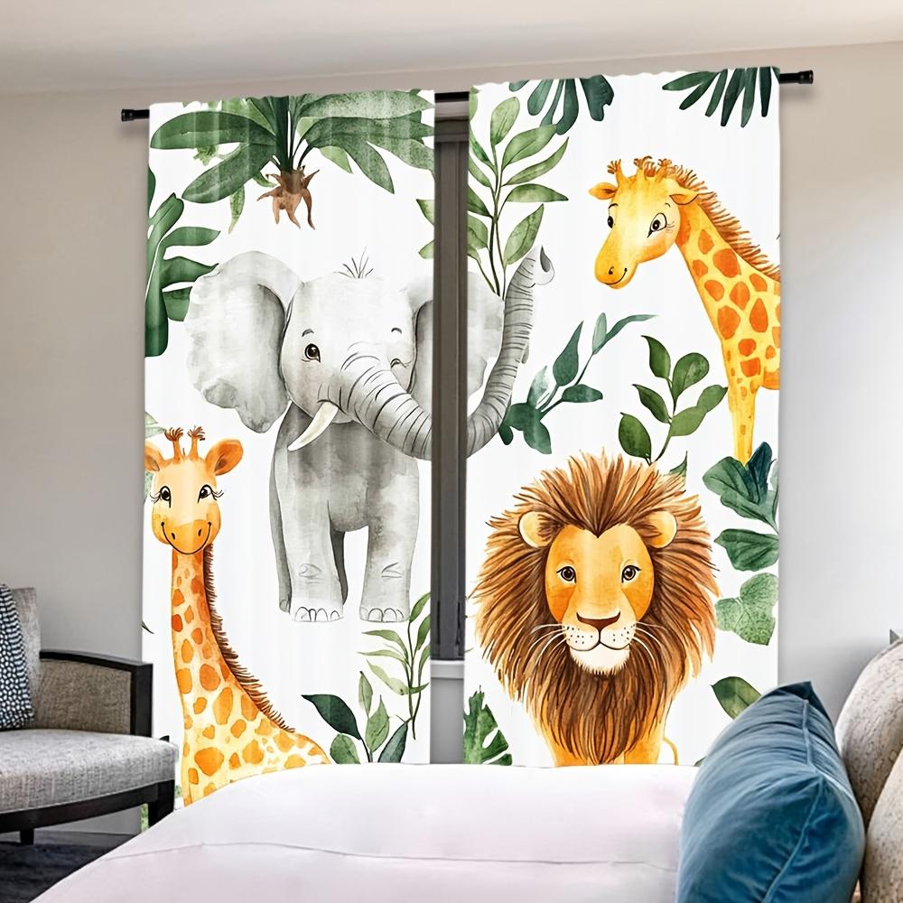 2pcs Safari Animal Adventure Curtains - Woodland Jungle Print with Lion, Elephant & More, Rod Pocket Design, Semi-Transparent Po