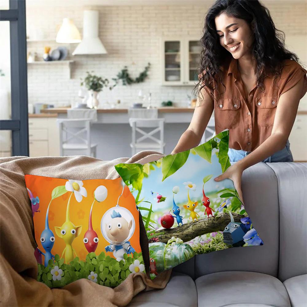 Pillow Covers Cartoon Anime P-Pikmins Sofa Decorative Home Double-Sided Printing Short Plush Cute Cushion Cover