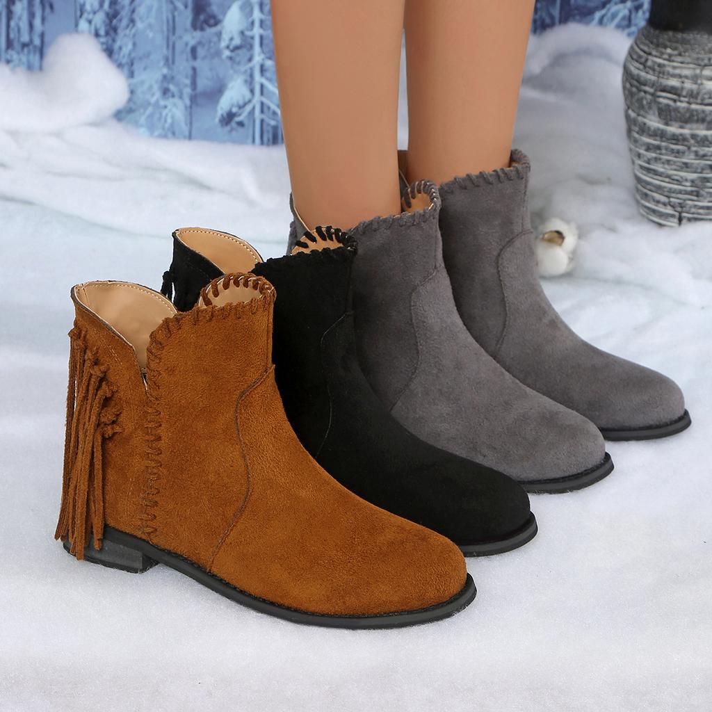 European station women's boots autumn and winter new large size spot Martin boots fringed suede round head sleeve Chelsea boots