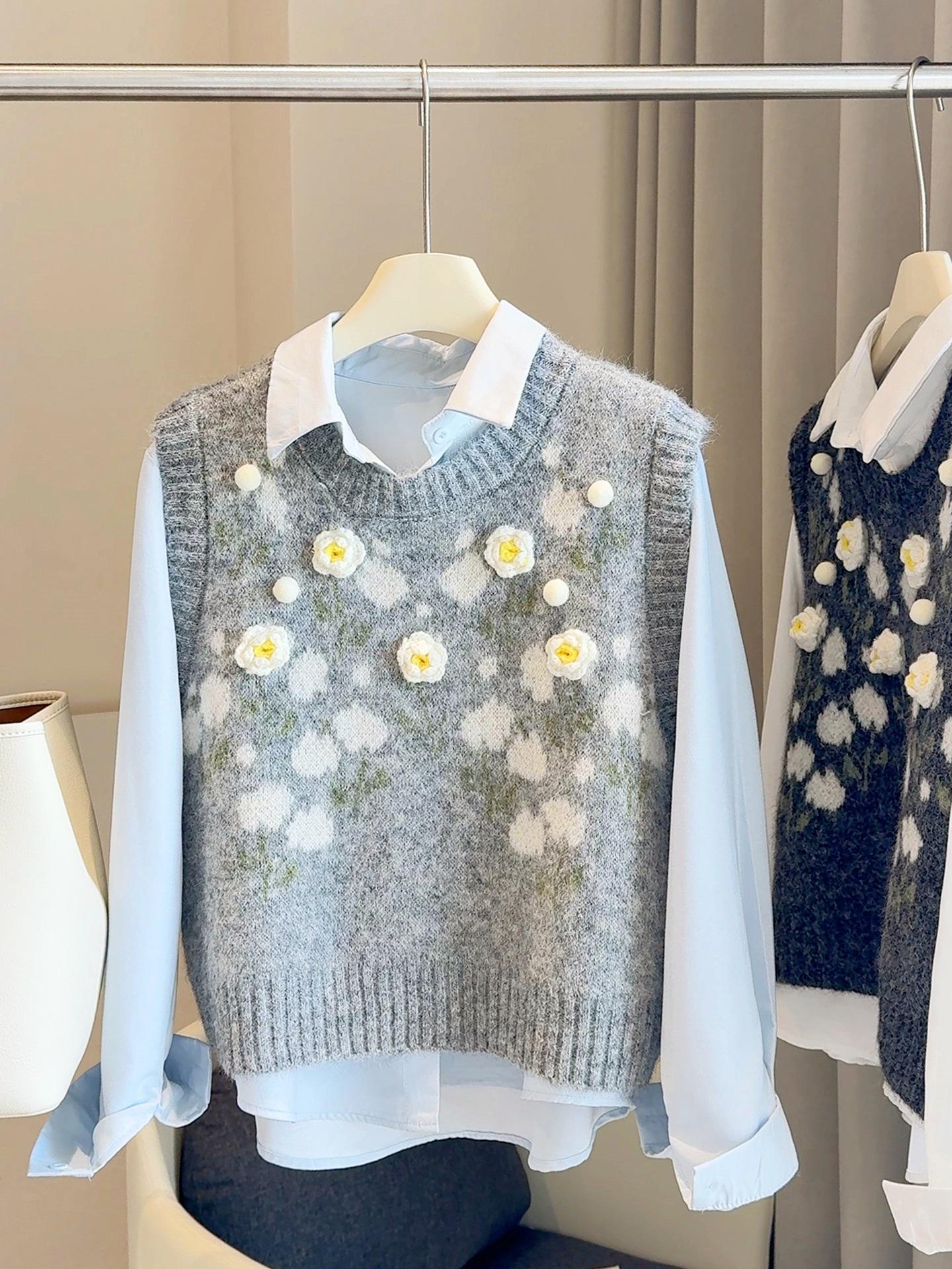 

Женский комплект-двойка на раннюю осень 2025: Милый 3D вязаный жилет с цветочным узором и рубашка с длинным рукавом One Size