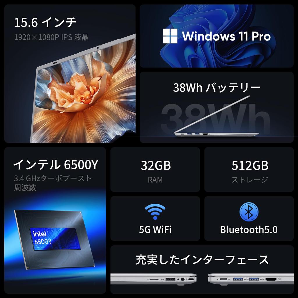 UOWAMOU Office 2024 6500Y 32GB RAM 512GB 1920x1080 IPS LCD Windows 11 Fast Heat Quiet USB Gen 1 X USB X TF Card WIFI BT Numeric Japanese Keyboard