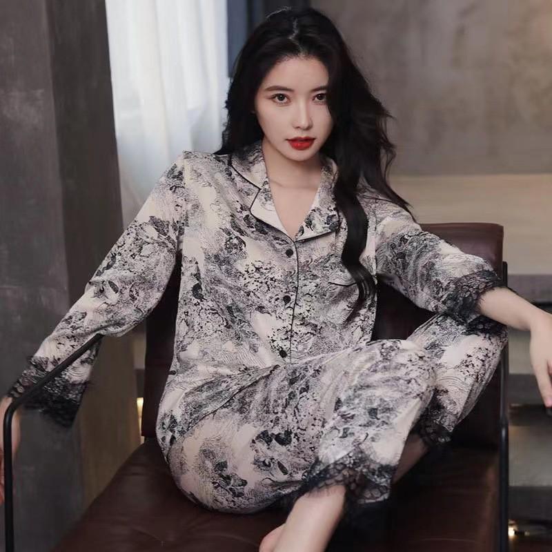 Women's Floral Silk Pajamas - Long-Sleeved, Thin & Stylish Korean Homewear for Spring/Autumn