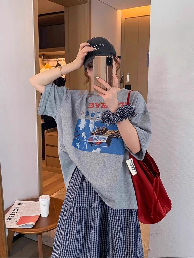 American Retro Style Women's Summer Casual Plaid Skirt & Loose Cotton T-Shirt Set