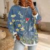 Women's Retro Floral Print Long Sleeve Pullover Top with Casual Round Neck