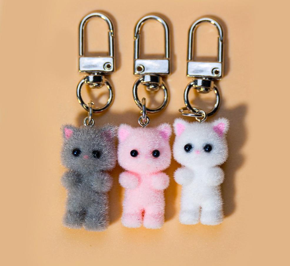 Cute 3D Flocking Kitten Keychain Simulation Animal Hobby Cartoon Doll Girl Keyring Car Bag Purse Phones Pendant Key Ring Gift