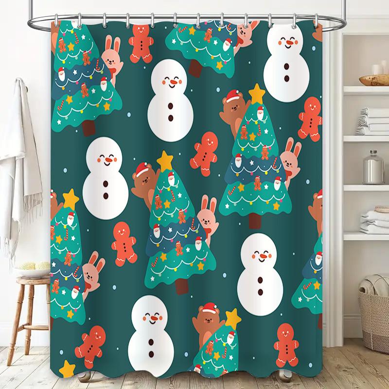 Xmas Shower Curtain Waterproof Fabric Christmas Tree Cartoon Santa Claus Snowman Bunny Rabbit Cute Print Bathroom Decor