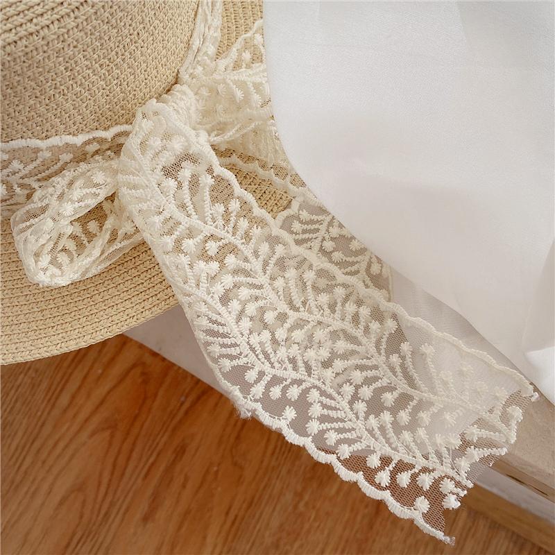Pastoral Style Fashionable Versatile Flat Top Lace Sun Hat Woven Straw Sun Hat for Outings Sun Protection Large Brim