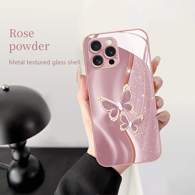 Diamond Butterfly Pattern Pink Metallic Paint Glass Hard Phone Case For iPhone 17 Pro Max 11 12 13 14 15 16 Plus 16E 17Air Cover