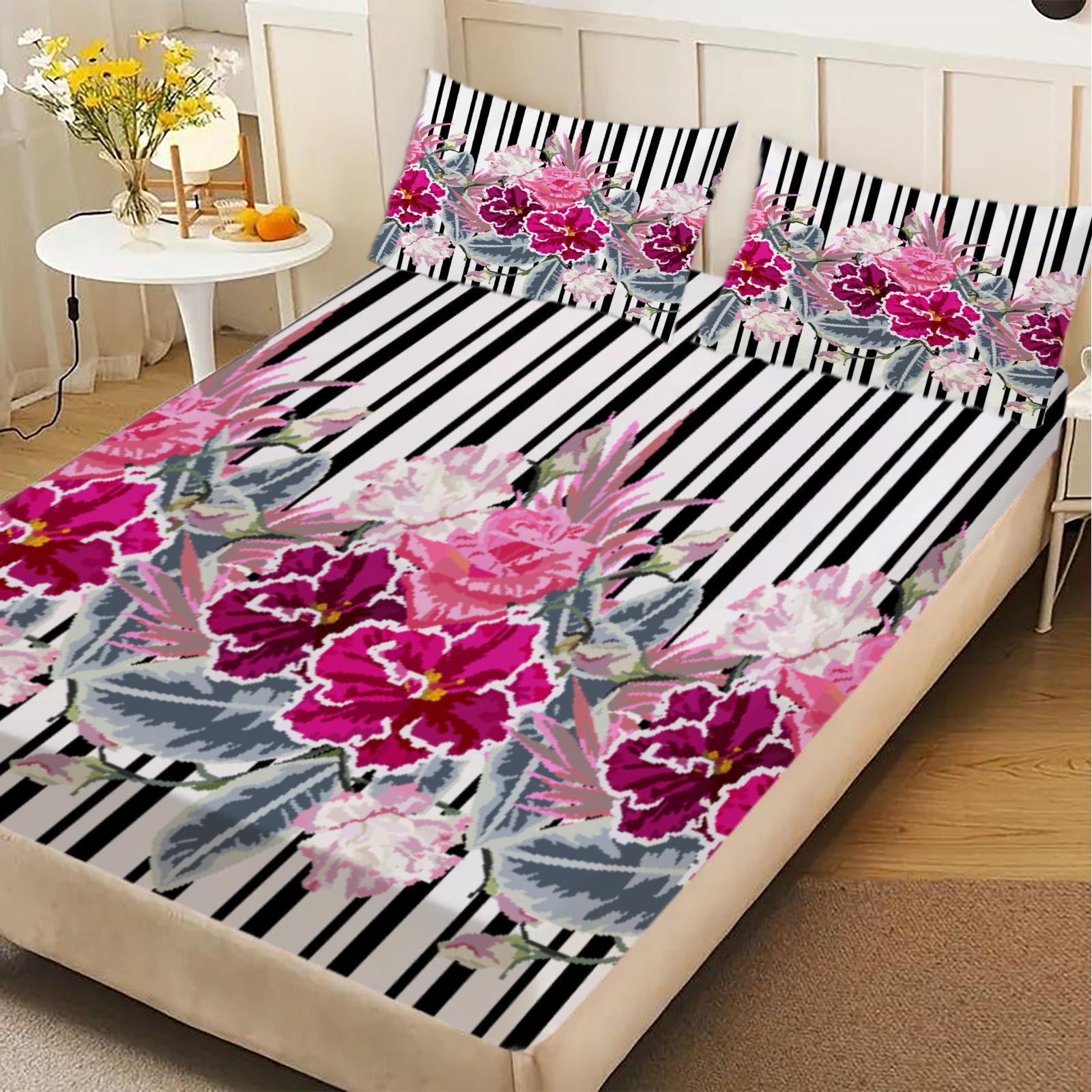 

3pcs Fitted Sheet Set Zebra Stripes With Red Flowers Easy Care Durable Bed Sheet With Pillowcases For Bedroom Decor 150x200x25cm
