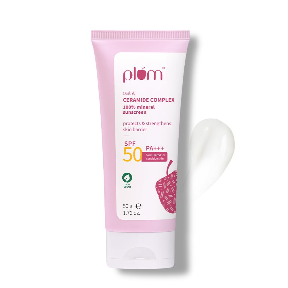 Plum Oat & Ceramide Complex Mineral Sunscreen SPF 50 PA+++ For Sensitive Skin Lightweight Non-Oily 50g