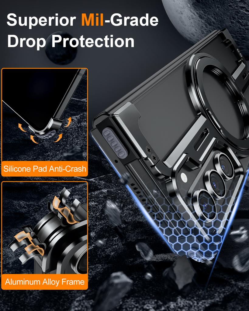 Oatsbasf Metal Magnetic Phone Case for Samsung Galaxy Z Fold 7 with Stand 360°Rotating for Magsafe Wireless Charging Frameless