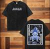 Ausgeblicktes Schwarzes Gewaschenes T-Shirt, Retro Vorderseite Joker Schriftzug Rückseite Joker Spielkarte Druck Streetwear Unisex Hemd