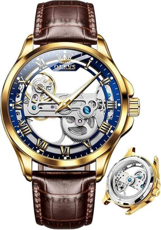 

OLEVS Men s Mechanical Automatic & Manual Winding Watch with Clear Skeleton Leather Strap, Fashionable and Stylish Leather Watch with Luminous