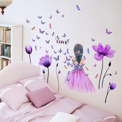 Flower Fairy Purple Colorful Flower Butterfly Home Decal Wall Decal Girl Bedroom DIY Children'S Room Kindergarten Party Mural