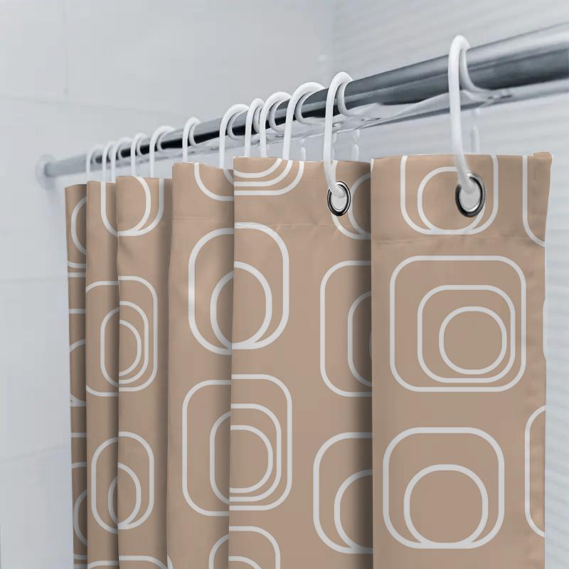 Modern Square Print Shower Curtain With White Rings For Bathroom Decor Beige Color (#2)