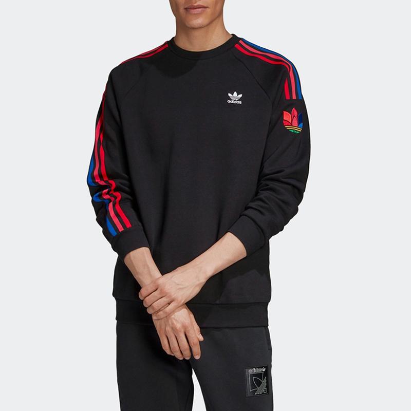 Adidas Originals Trefoil Logo Print Stripe Crew Neck Sweater Men Sweater Black GE0804