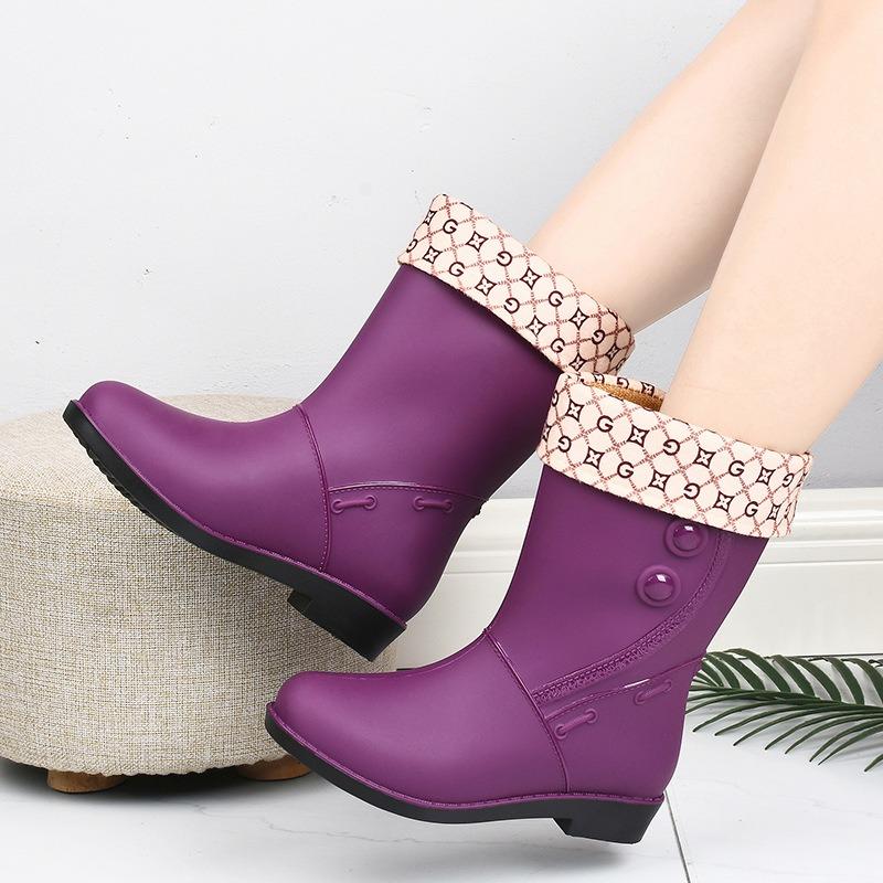 Women's rain shoes medium tube water shoes fashion warm rain boots women's cotton water boots non-slip work rubber shoes car wash kitchen