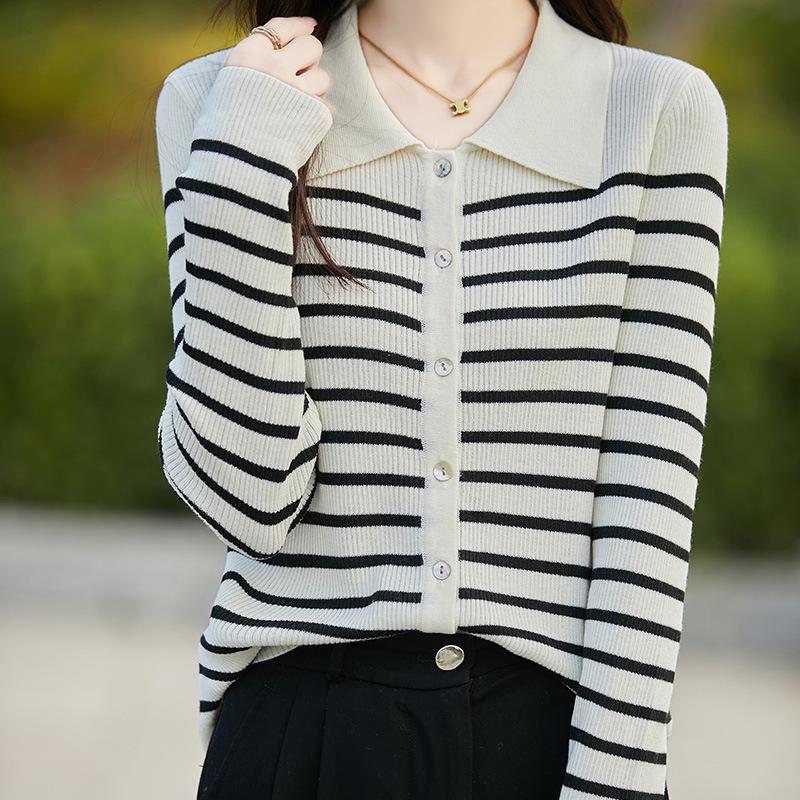 

Black & White Striped Cashmere Sweater - 2025 Spring/Autumn Slim Fit, Loose, Comfortable Turn-Down Collar Knitwear M белый