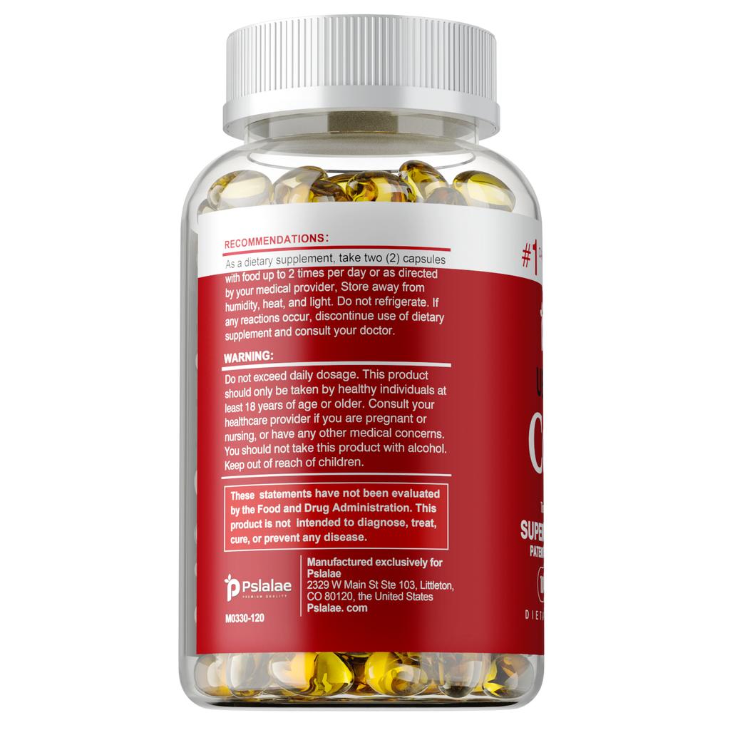 Pslalae Super Coenzima Q10 in Capsule Morbide, 100mg per dose, antiossidante, benefico per la salute del cuore e la produzione di energia.