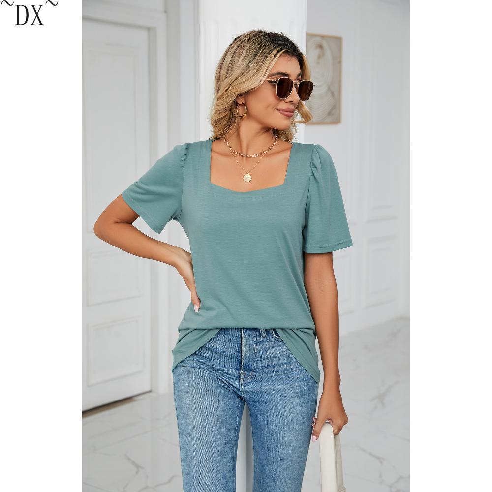 DX~~ Весенне-летняя новая однотонная свободная футболка с квадратным воротником — фото 17