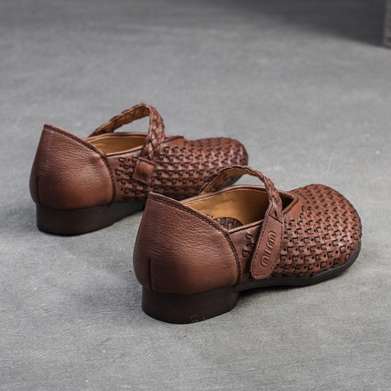Johnature Bombas Retro Cuero Genuino Suela Suave Gancho y Lazo Cómodos Zapatos de Mujer Versátiles