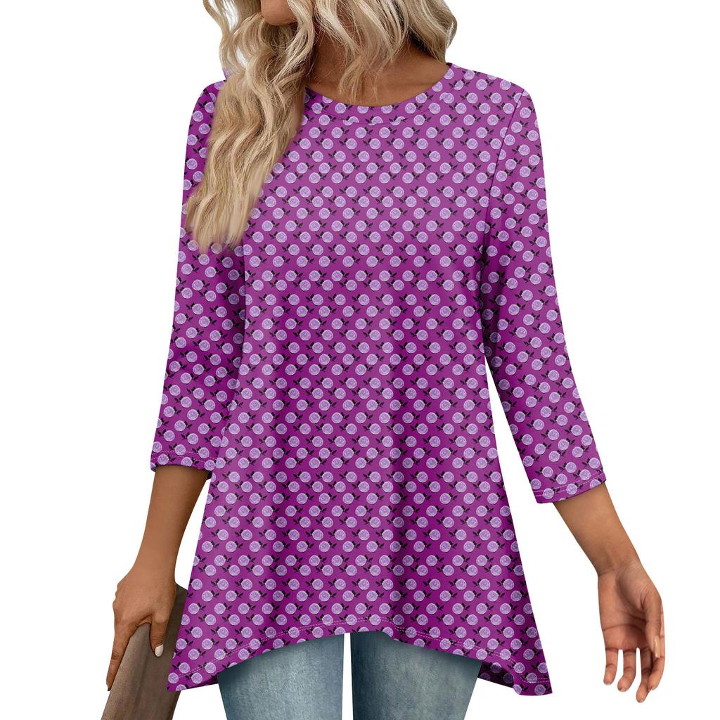 Tunic Tops For Women Loose Fit Prints Tops 3/4 Length Sleeve Womens Tops With Asymmetrical Hem