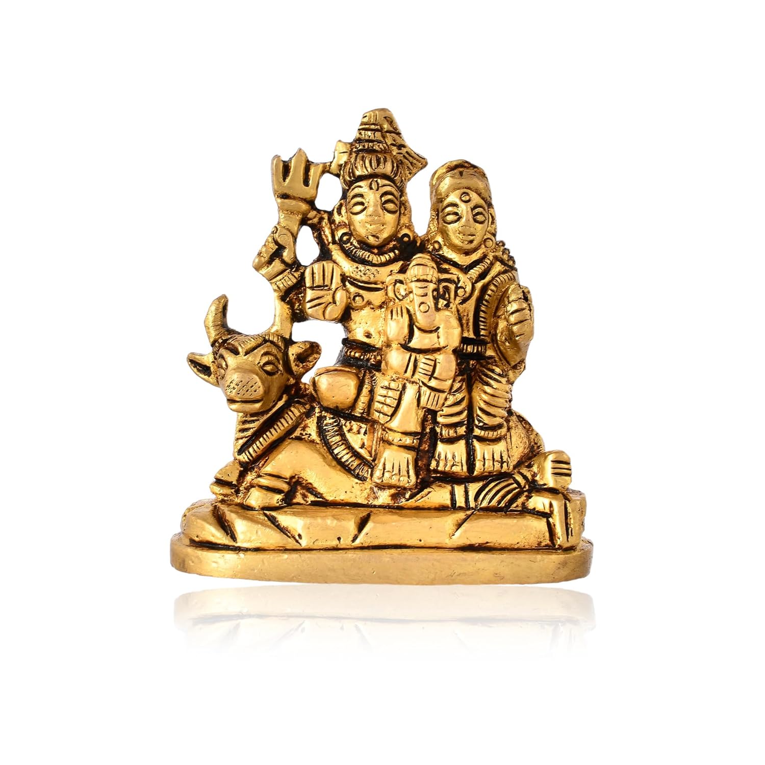 Pure Brass Shiv Parvati Ganesha Shivling Nandi Family Idol, Gold - 2 Inch