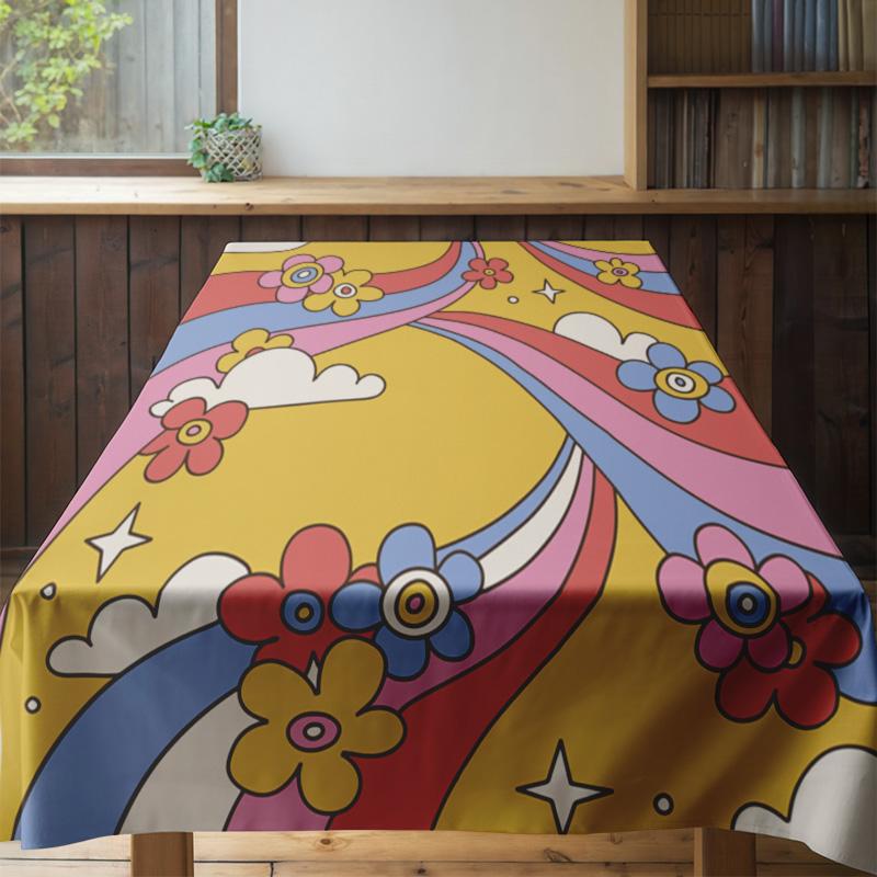 Vibrant Modern Tablecloth Set for Dining Room Decor with Abstract Floral Design Yellow Blue Pink Red Black White Colorful Printe