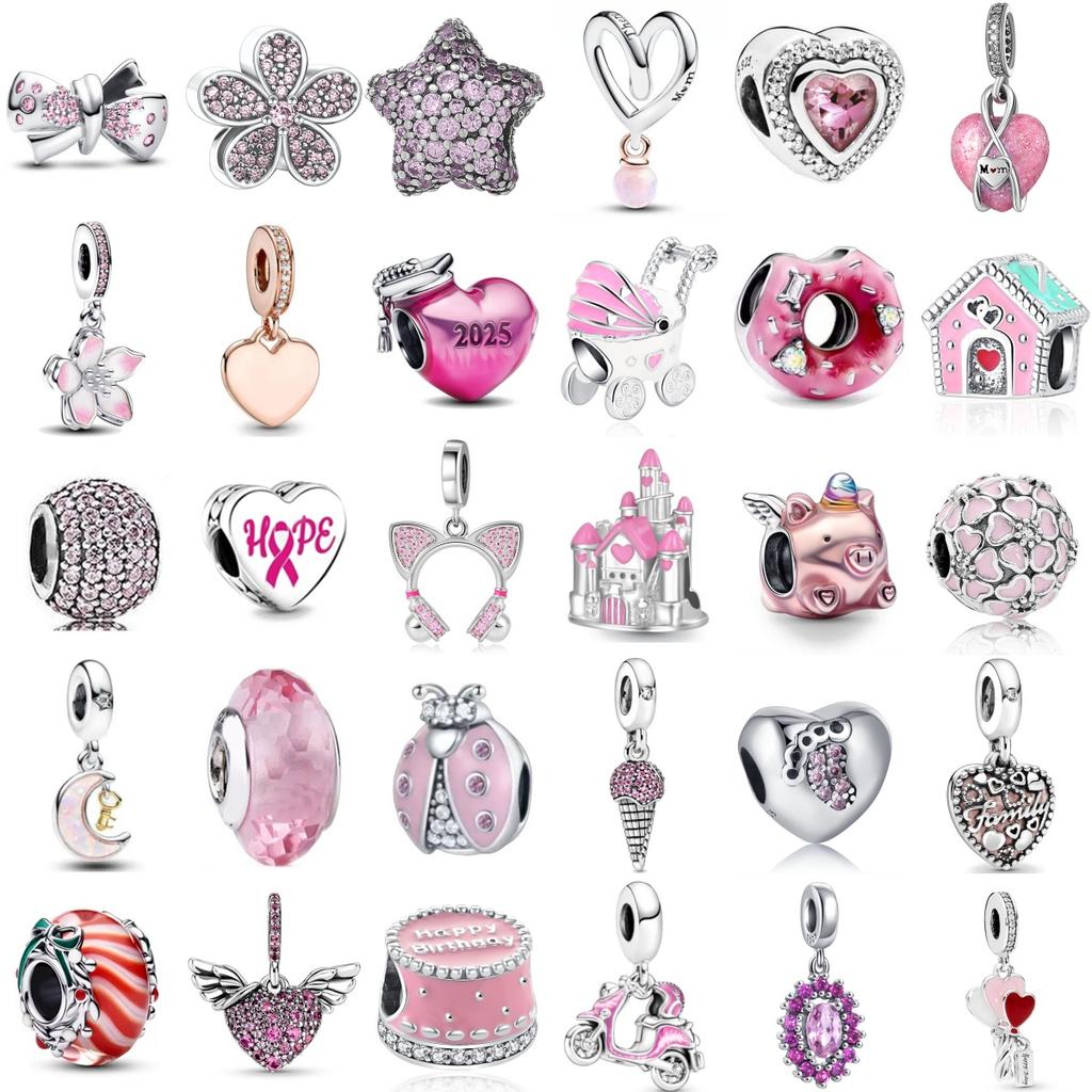 925 Silver Pink Series Cake Wings Flower Heart Pig House Donut Charm Bead Fit Bracelet DIY For Woman Girl Jewelry
