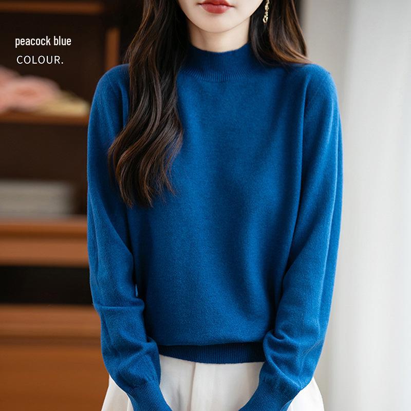 Elegant Autumn Velvet Knit Half-High Neck Sweater for Women - Long Sleeve, Loose Fit Pullover