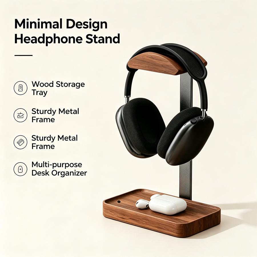 Solid Wood Headphones Stand Black Walnut+Aluminum Alloy Gaming Headset Holder Desktop Bracket Display Shelf with Storage Base