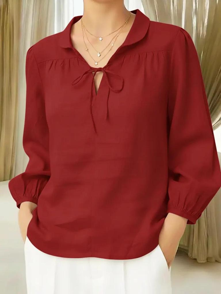 Spring/Summer 2026 Women's Lace Peter Pan Collar Tie-up Top with Lantern Sleeves and Loose Fit