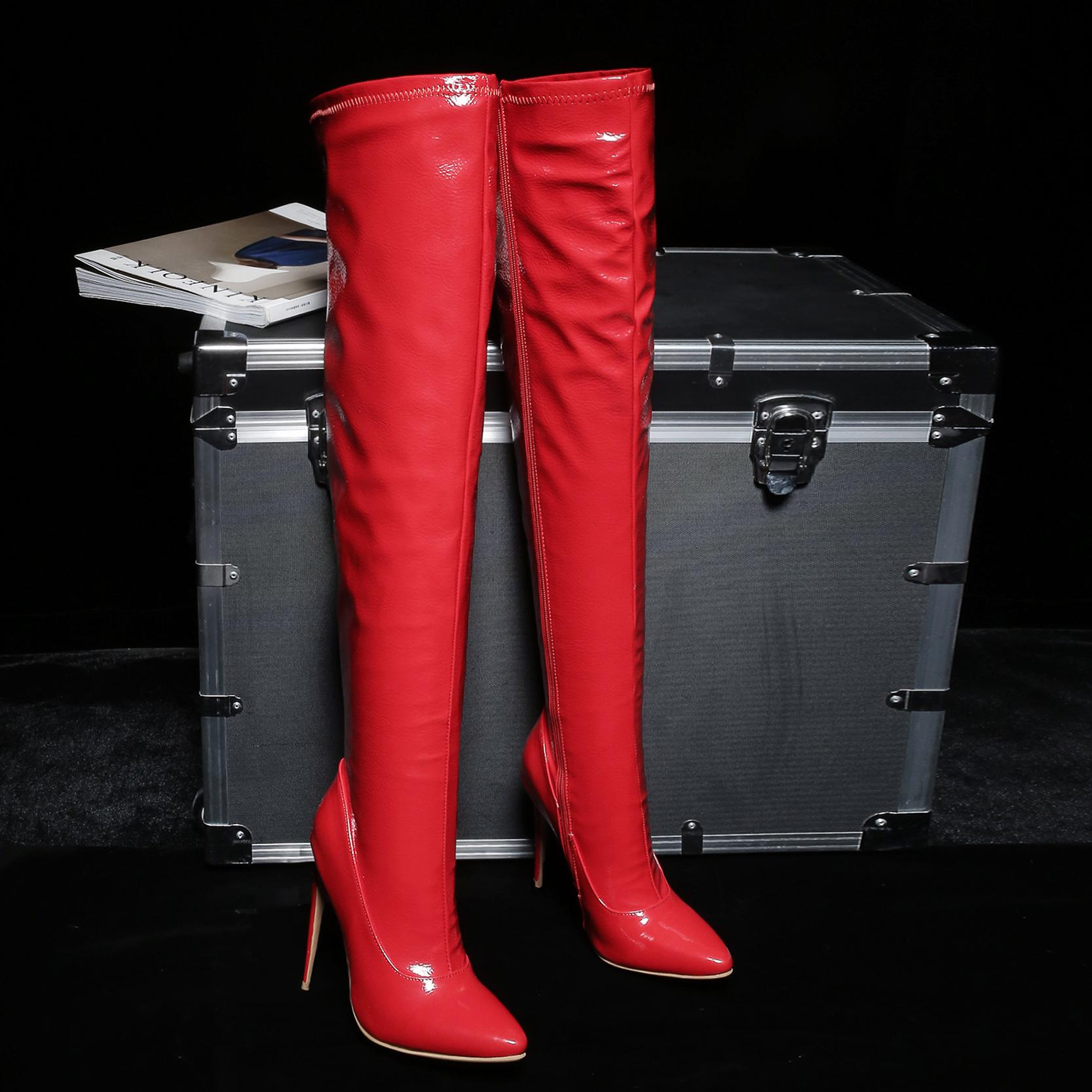 

Plus Size Patent Leather Long Tube Super High Heel Over Knee Boots Pointed Thin Heel with Red PU Comfortable Warm Women s Shoes 39 червоний
