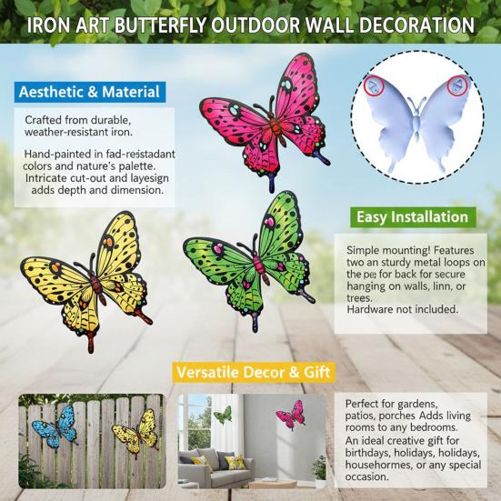 Metal Butterfly Wall Decor Colorful Butterflies Wall Art Sculpture 3D Iron Butterfly Hanging Decoration for Outdoor Indoor Fence Patio Yard Tree