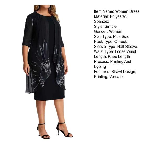 Women Dress Round Neck Half Sleeve Printing Shawl Design Plus Size Dress Loose Hem Slimming Casual Dress Office Party Wear