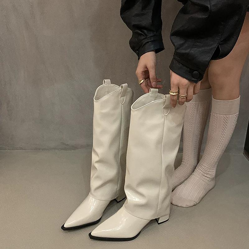 Autumn Winter Street Style Woman Knee High Boots Shoes Fashion Slip On Pointed Toe Ladies Elegant Thick Heel Modern Long Botas